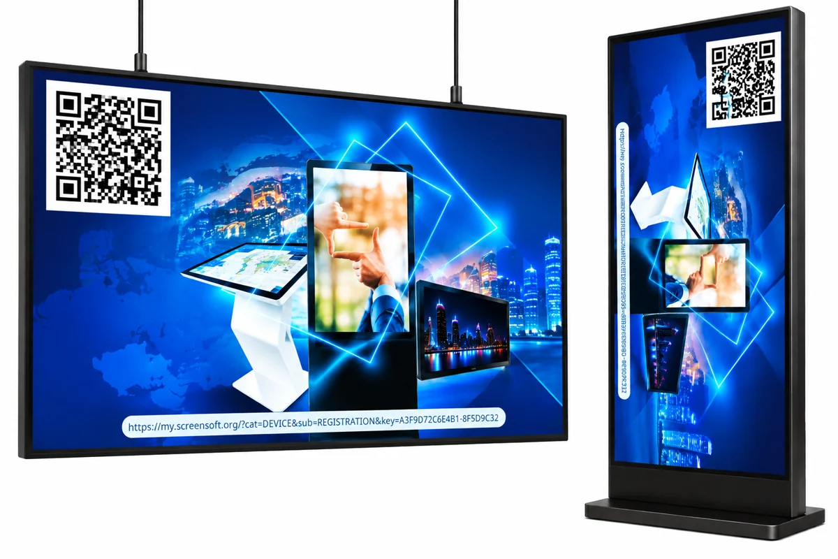 Example ScreenSoft Player registration screen on landscape and portrait displays
