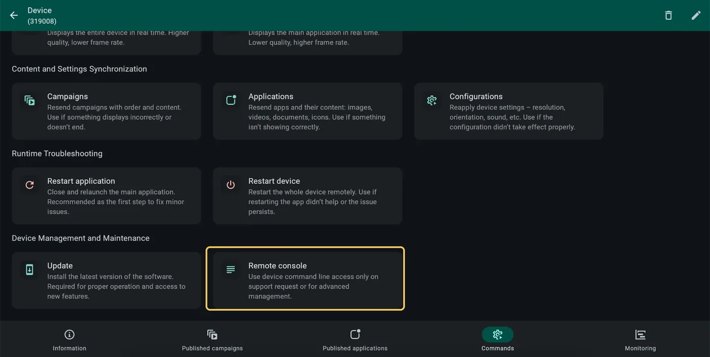 Administrator view with Remote console tile