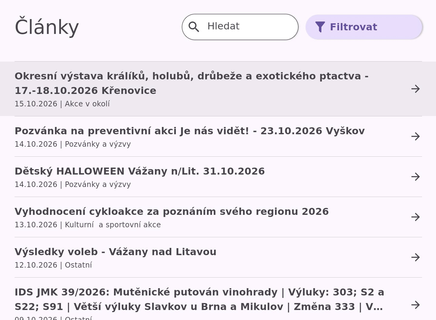 Oznámení a události — Místní aktuality, připravované akce a informace pro návštěvníky.