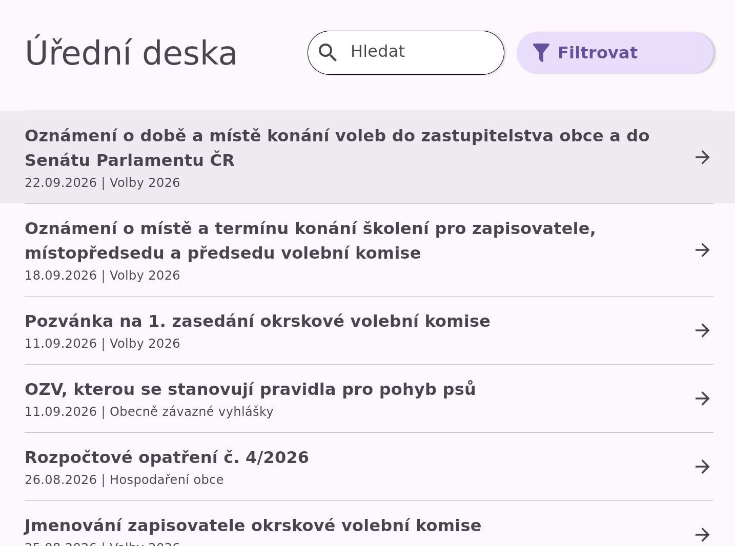 Úřední deska — Dokumenty a oznámení samosprávy dostupné občanům na obrazovce.