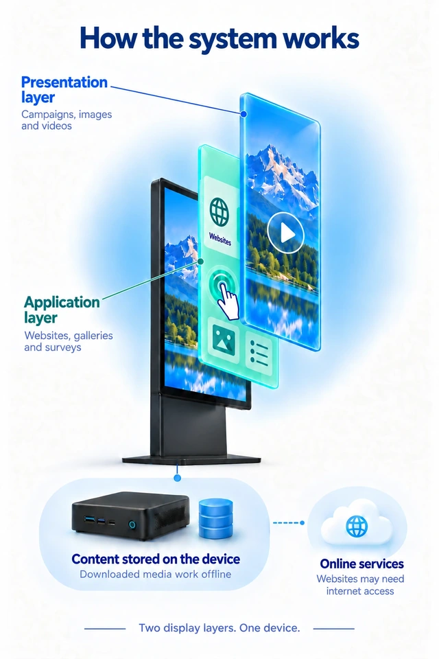 Two layers on one screen: the presentation layer in front of the application layer, with the player and stored content below and online services shown separately.