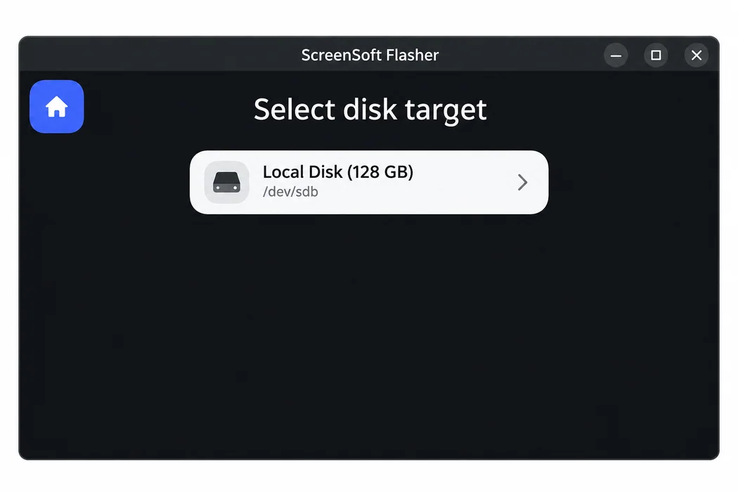 Select the internal target disk. Verify its size and identifier; flashing erases its contents.