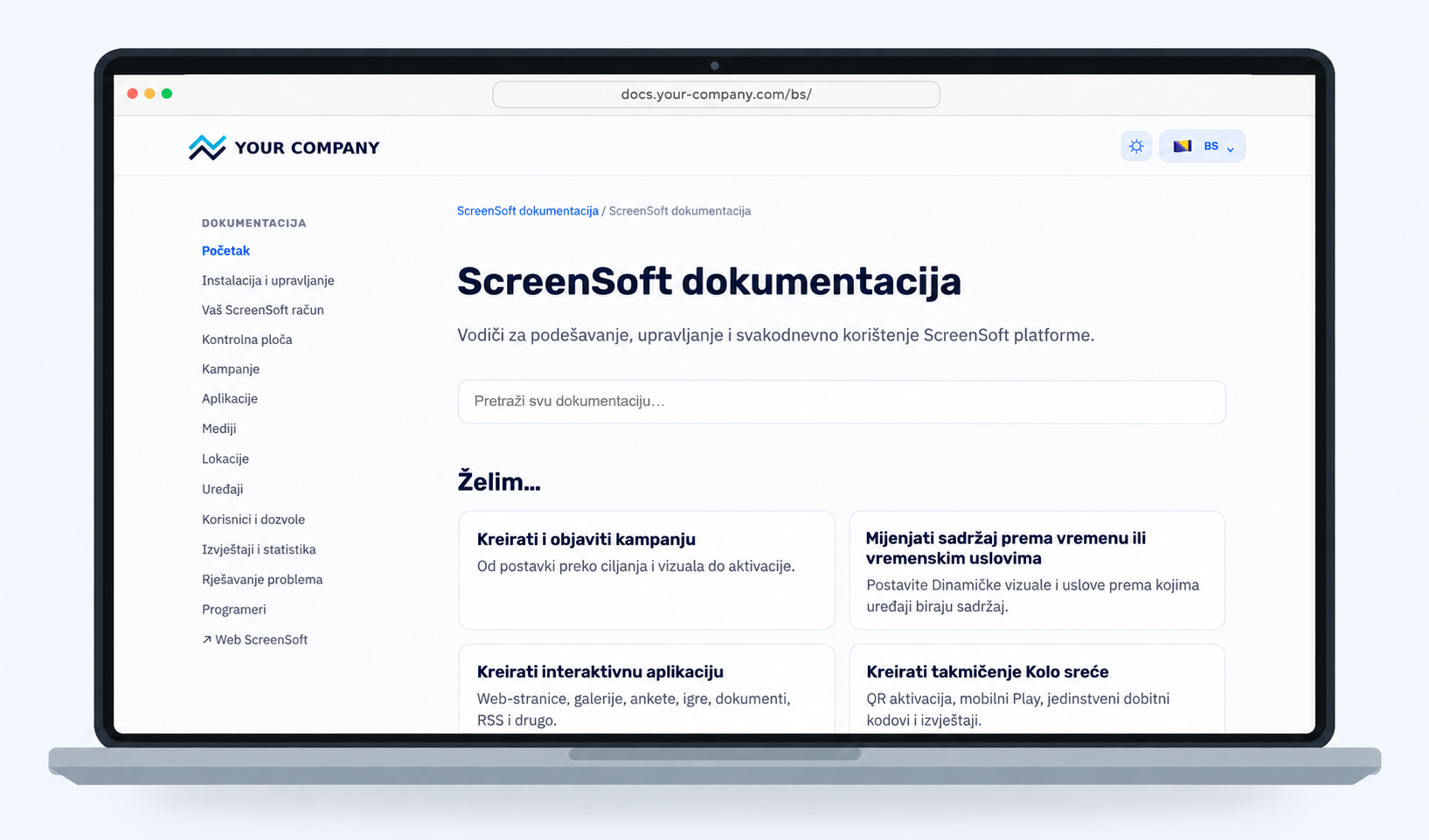 White Label dokumentacija na bosanskom s logotipom partnera gore lijevo i vlastitom domenom