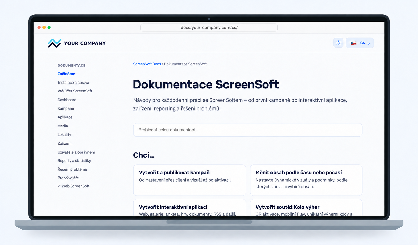 Dokumentace White Label v češtině s logem partnera vlevo nahoře a vlastní doménou